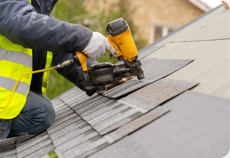Roofer installing shingles with a nail gun