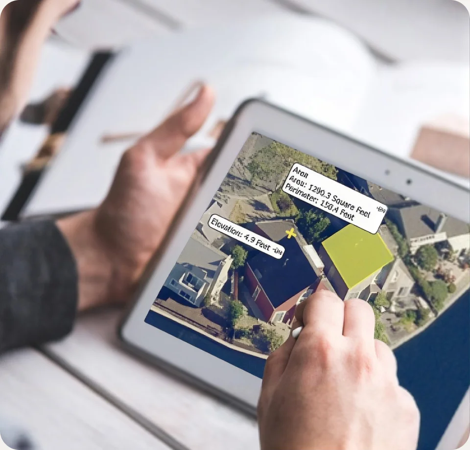 Roofing specialist reviewing roof measurements on a tablet